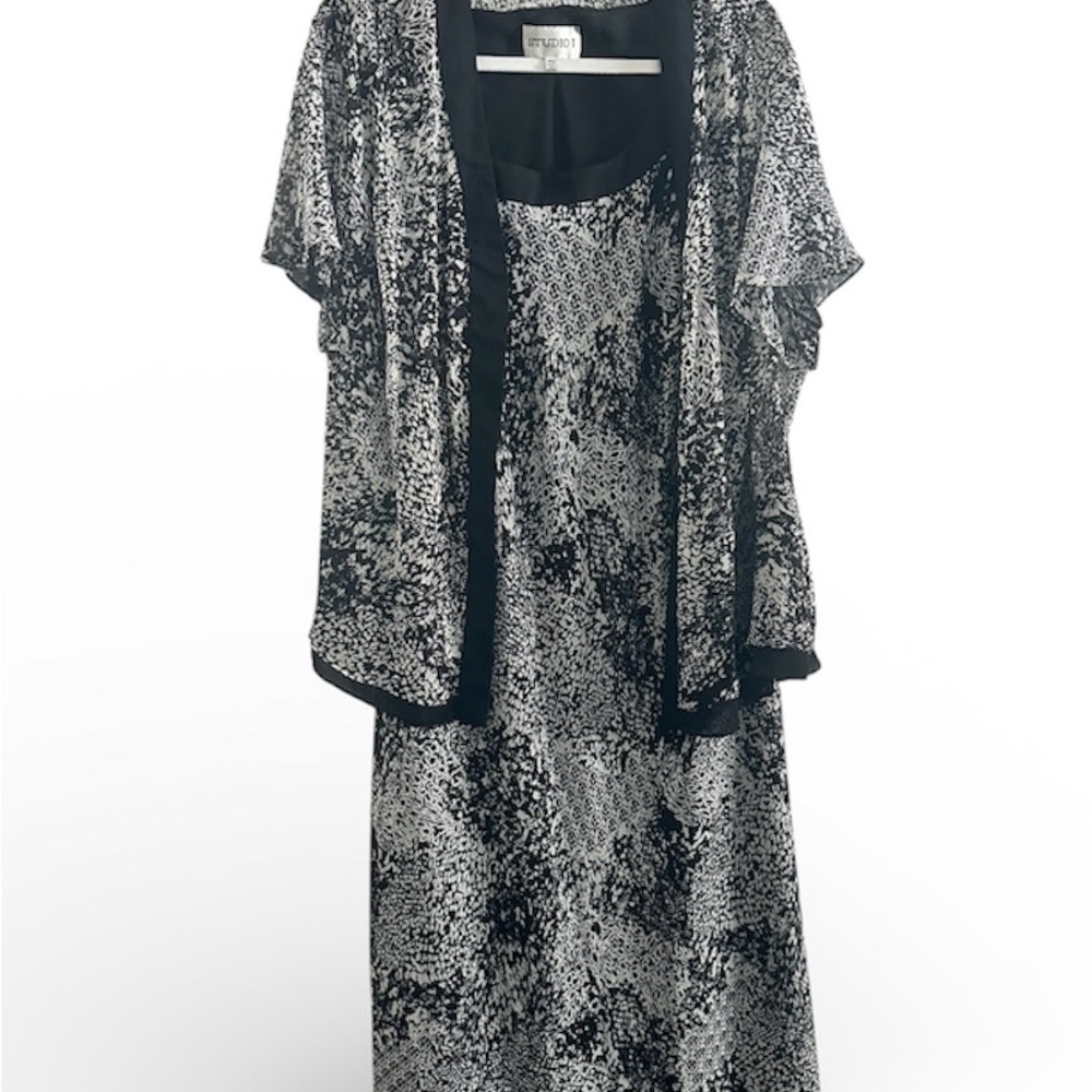Studio I 2pc Black & Gray Print Dress & Short Sleeve Cover Set Size 20W